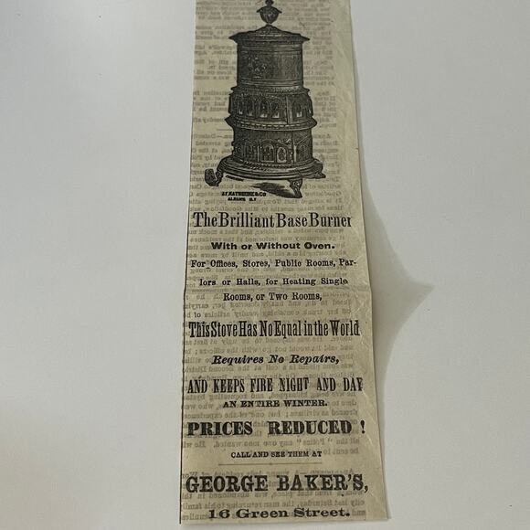 None and/or Unknown Other - George Baker's Brilliant Base Burner 1870 Original Newspaper Clipping SAH1-1